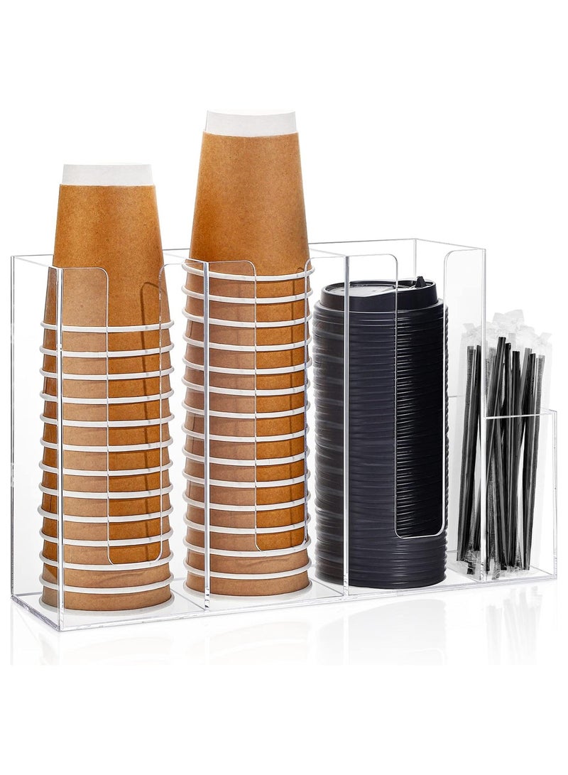 TPGP 4 Compartments Acrylic Coffee Cup and Lid Storage Organizer Holder Disposable Coffee Cup Dispenser Paper Cup Organizer Plastic Cup and Lid Holder for Kitchen Coffee Bar Shop Party Supply (Transparent) - Image 1