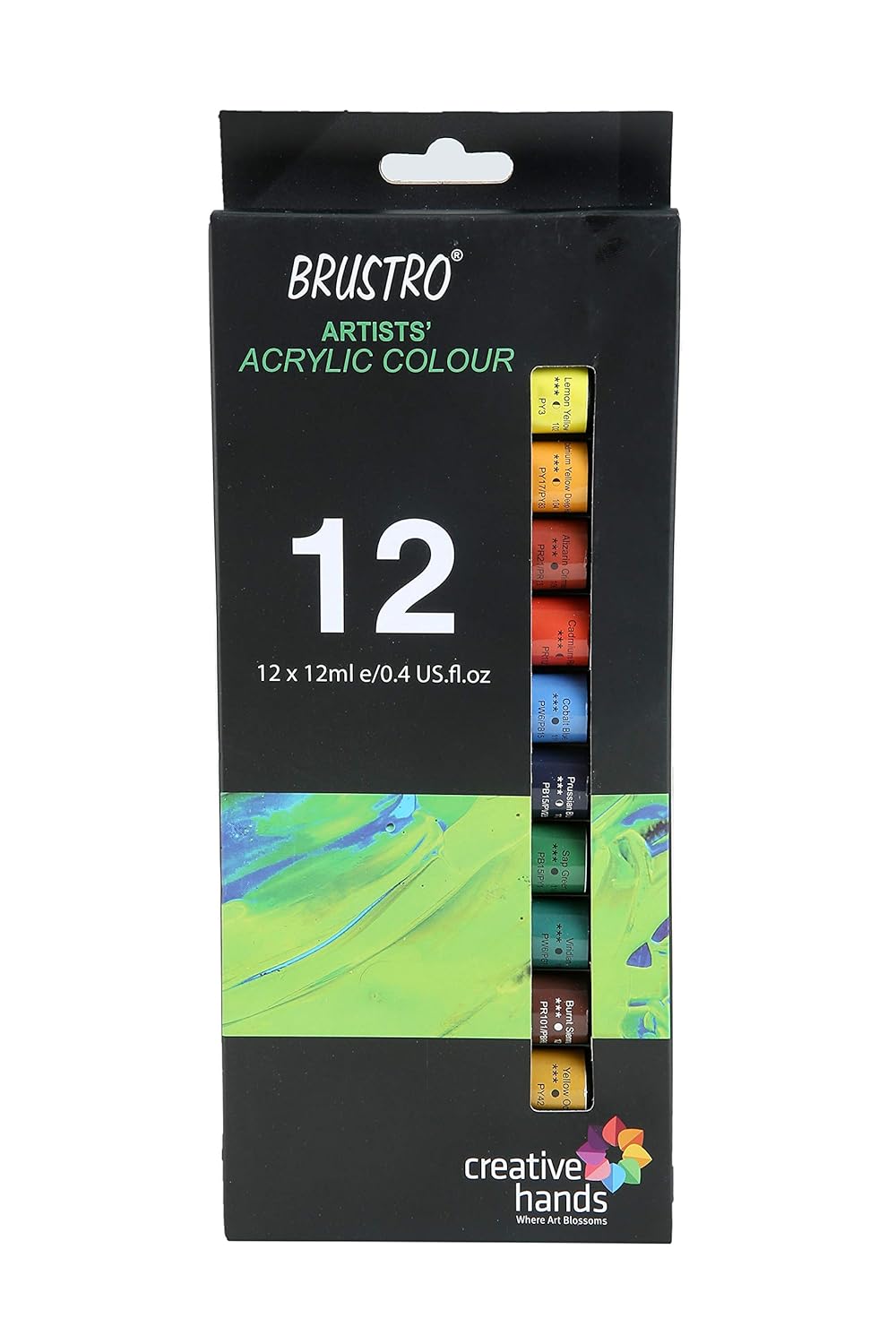 BRUSTRO Artist's Acrylic Colour | Set of 12 Colours X 12ml Tubes | Highly pigmented, Intermixable, Perfect for Canvas, Art, Rock Painting, Professionals and Artists