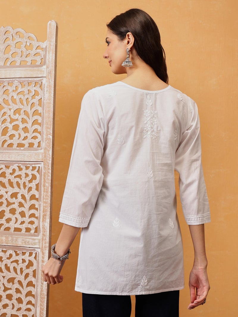Ada Lucknowi Hand Embroidered Chikankari Cotton Short Kurta Kurti Tunic Top for Women A911364 White (2XL) - Image 2