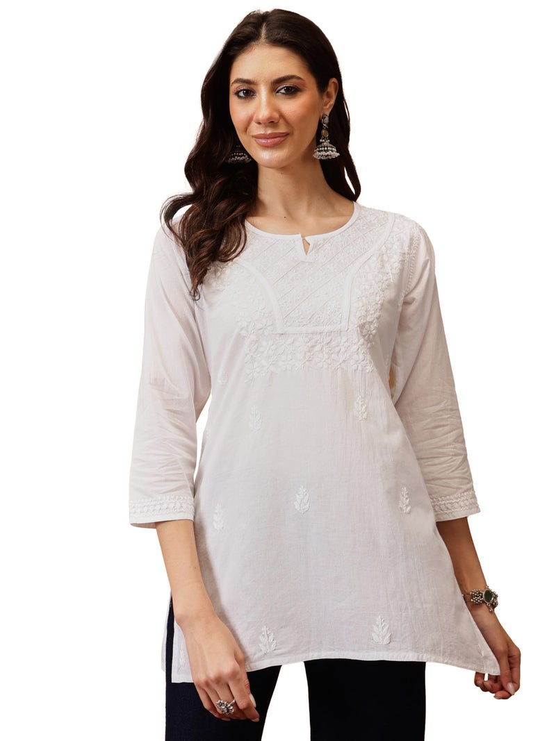Ada Lucknowi Hand Embroidered Chikankari Cotton Short Kurta Kurti Tunic Top for Women A911364 White (2XL) - Image 1
