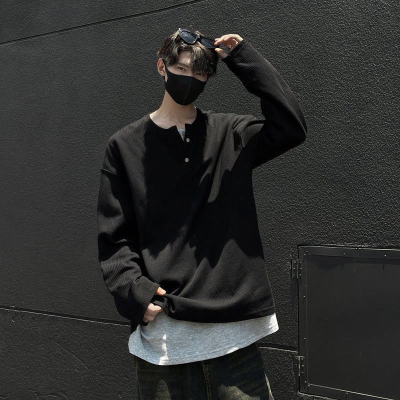 Fake Two-Piece New Long-Sleeved T-Shirt Men'S Loose All-Match T-Shirt Top Fashionable Henry Collar Raglan Shoulder - Image 5