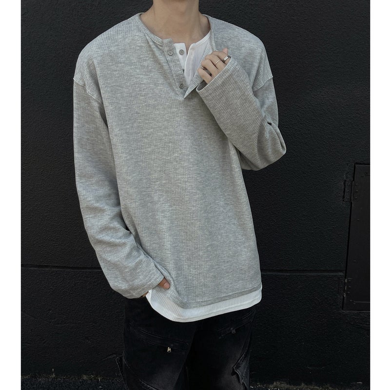 Fake Two-Piece New Long-Sleeved T-Shirt Men'S Loose All-Match T-Shirt Top Fashionable Henry Collar Raglan Shoulder - Image 3