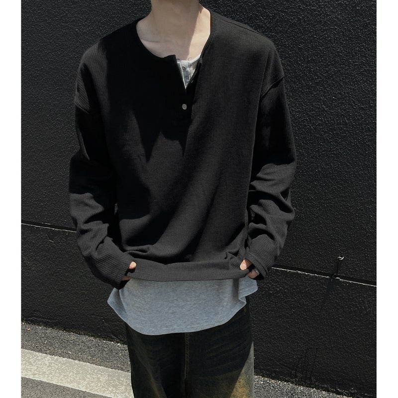 Fake Two-Piece New Long-Sleeved T-Shirt Men'S Loose All-Match T-Shirt Top Fashionable Henry Collar Raglan Shoulder - Image 1