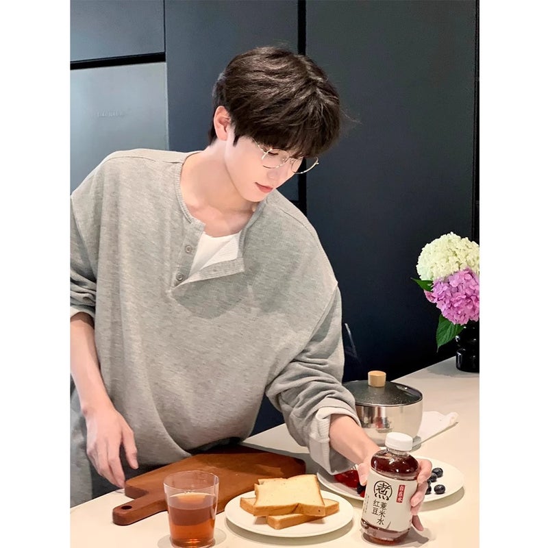 Fake Two-Piece New Long-Sleeved T-Shirt Men'S Loose All-Match T-Shirt Top Fashionable Henry Collar Raglan Shoulder - Image 4