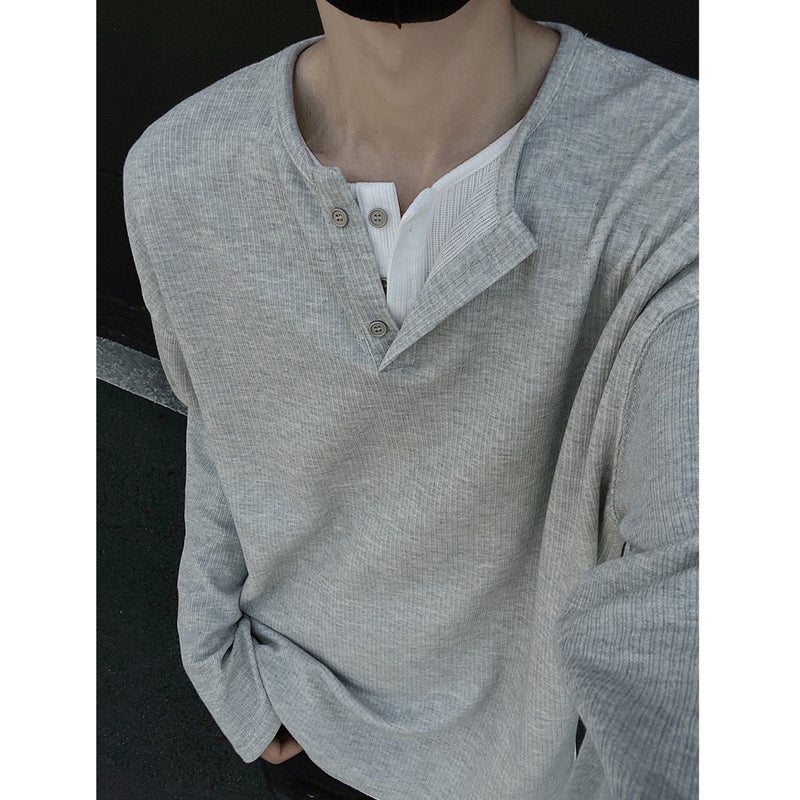 Fake Two-Piece New Long-Sleeved T-Shirt Men'S Loose All-Match T-Shirt Top Fashionable Henry Collar Raglan Shoulder - Image 2