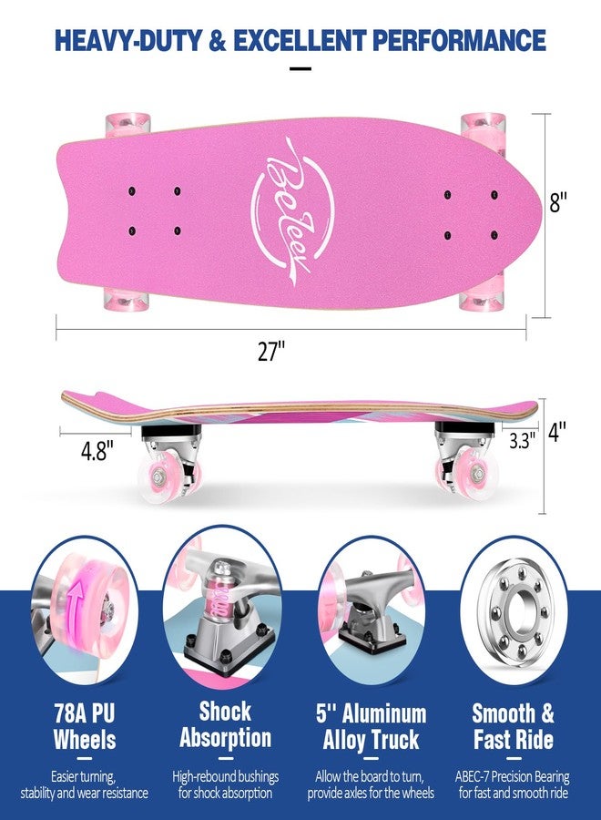 BELEEV Cruiser Skateboards for Beginners, 27 x 8 inch Complete Skateboard for Kids Teens Adults, 7 Ply Canadian Maple Double Kick Deck Concave Skateboard with Skate T-Tool (Light Pink) - Image 3