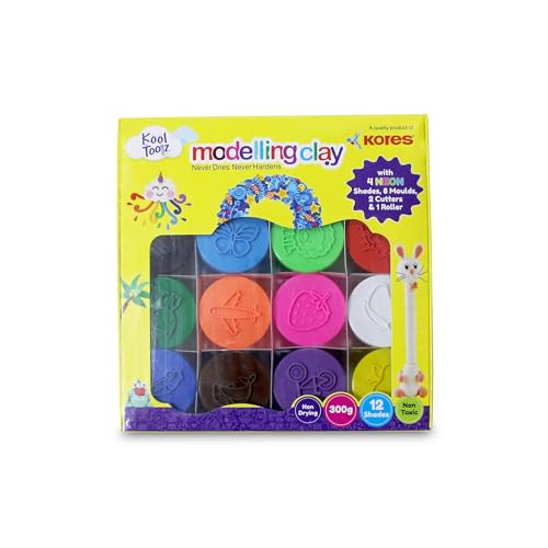 Kores Kool Toolz Modelling Clay – 300g Pack | 12 Vibrant Shades Including 4 Neon Colors | 8 Moulds, 1 Roller & 2 Cutters | Ideal for Kids Aged 3+ | Perfect for Crafting & Return Gifts - Image 2