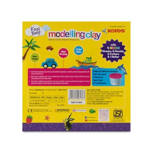 Kores Kool Toolz Modelling Clay – 300g Pack | 12 Vibrant Shades Including 4 Neon Colors | 8 Moulds, 1 Roller & 2 Cutters | Ideal for Kids Aged 3+ | Perfect for Crafting & Return Gifts - Image 5