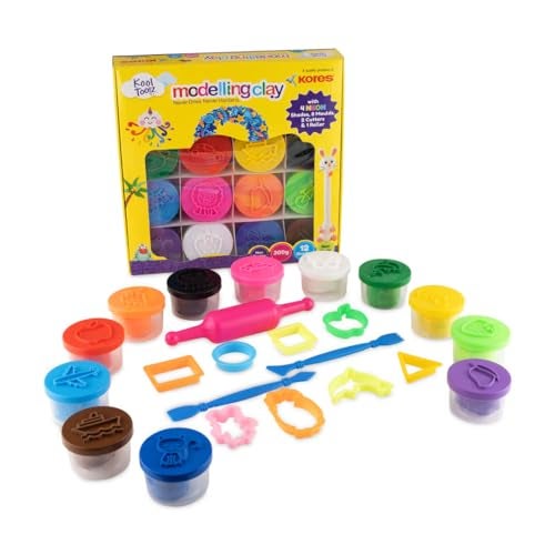 Kores Kool Toolz Modelling Clay – 300g Pack | 12 Vibrant Shades Including 4 Neon Colors | 8 Moulds, 1 Roller & 2 Cutters | Ideal for Kids Aged 3+ | Perfect for Crafting & Return Gifts - Image 1