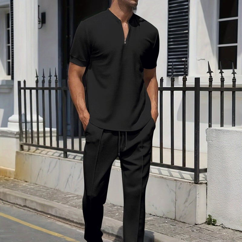 2024 Mens Casual Waffle Polo Shirt and Pants Set White - Image 5
