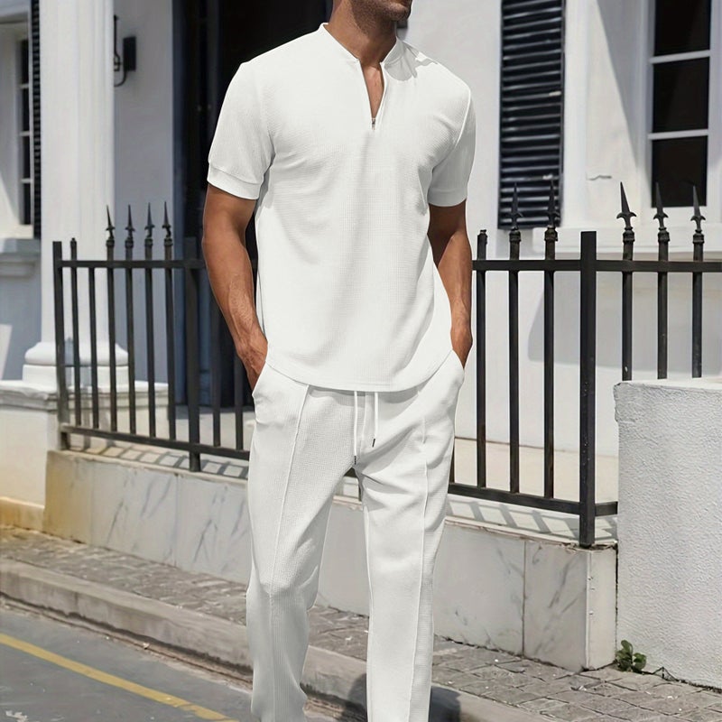 2024 Mens Casual Waffle Polo Shirt and Pants Set White - Image 2