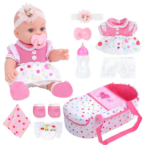 DONTNO 12 Inch Baby Doll with Bassinet BedReborn Alive Doll Includes Clothes and AccessoriesBottlesNippleDiaperBurp ClothFirst Baby Dolls for Toddlers 36 Months and Up - Image 1
