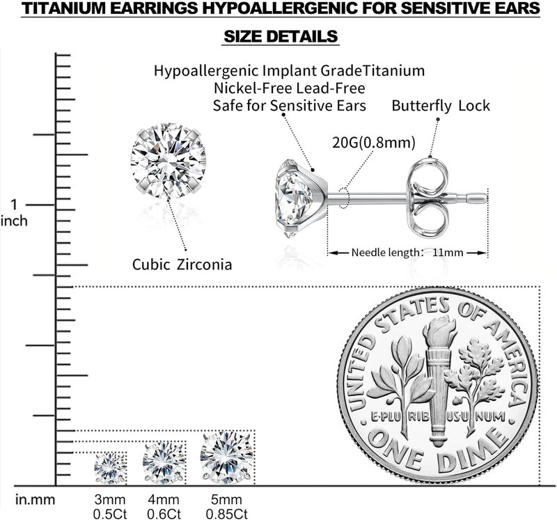 erorex G23 Titanium Stud Earrings for Women Men,Silver Hypoallergenic Earring for Sensitive Ears, 3mm 4mm 5mm Cubic Zirconia Stud Earrings for Women Men - Image 2