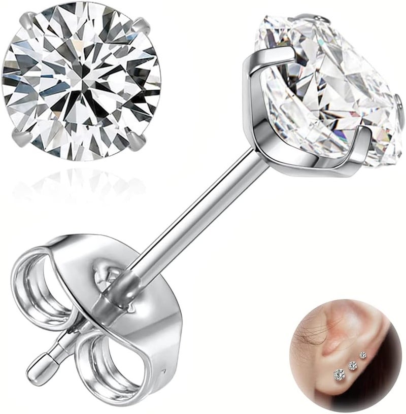 erorex G23 Titanium Stud Earrings for Women Men,Silver Hypoallergenic Earring for Sensitive Ears, 3mm 4mm 5mm Cubic Zirconia Stud Earrings for Women Men - Image 1