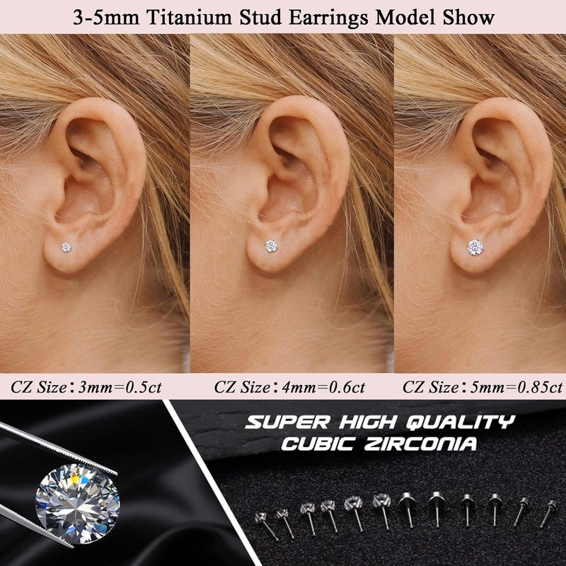 erorex G23 Titanium Stud Earrings for Women Men,Silver Hypoallergenic Earring for Sensitive Ears, 3mm 4mm 5mm Cubic Zirconia Stud Earrings for Women Men - Image 3