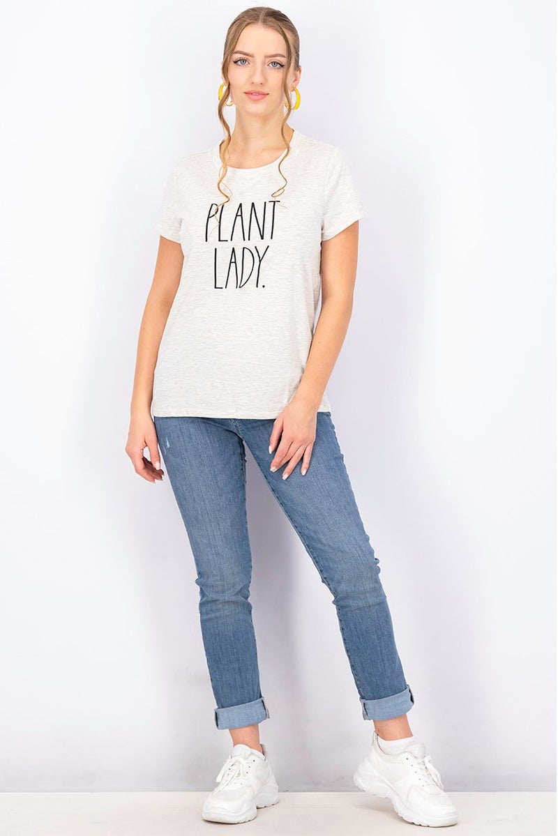 Rae Dunn Women Crew Neck Short Sleeve Heather Print Top, Oatmeal Heather - Image 2