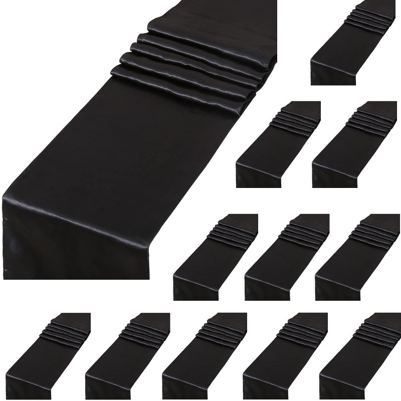 12 Pack Satin Table Runners 12 x 108 inches Long Silk Smooth Fabric Black Table Runner for Wedding Banquet Birthday Party Graduations Decoration