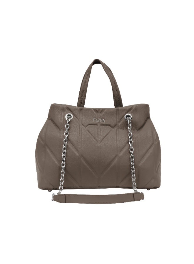 Foska Women's Shoulder Bag - Chic Piped Design Smooth Leather - Khaki - 33x24 cm - Image 1