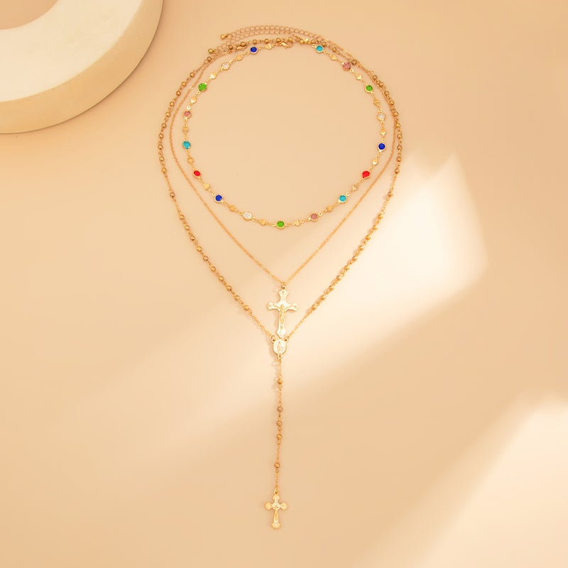 SHIXIN European and American Cross-border Jewelry: Colorful Diamond-Encrusted Flower Choker Necklace with Heart and Cross Pendant - Image 4