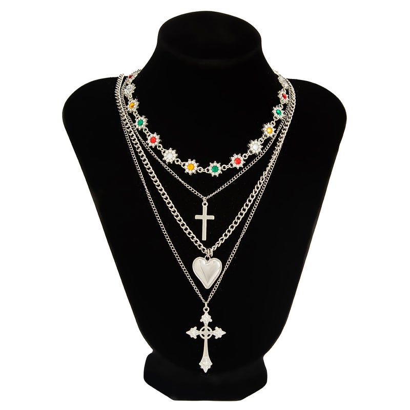 SHIXIN European and American Cross-border Jewelry: Colorful Diamond-Encrusted Flower Choker Necklace with Heart and Cross Pendant - Image 5