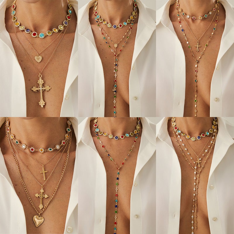 SHIXIN European and American Cross-border Jewelry: Colorful Diamond-Encrusted Flower Choker Necklace with Heart and Cross Pendant - Image 1