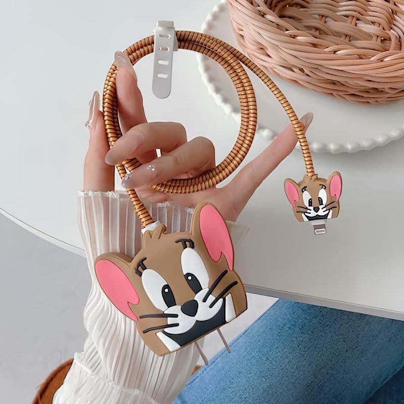 CERLINK Charger Cable Protectors for iPhone Chargers 18W 20W Type C, 3D Cute Protective Case Cover Cartoon Style Fully Charger & Adaptor Protection Set-1 (Jerry) - Image 1