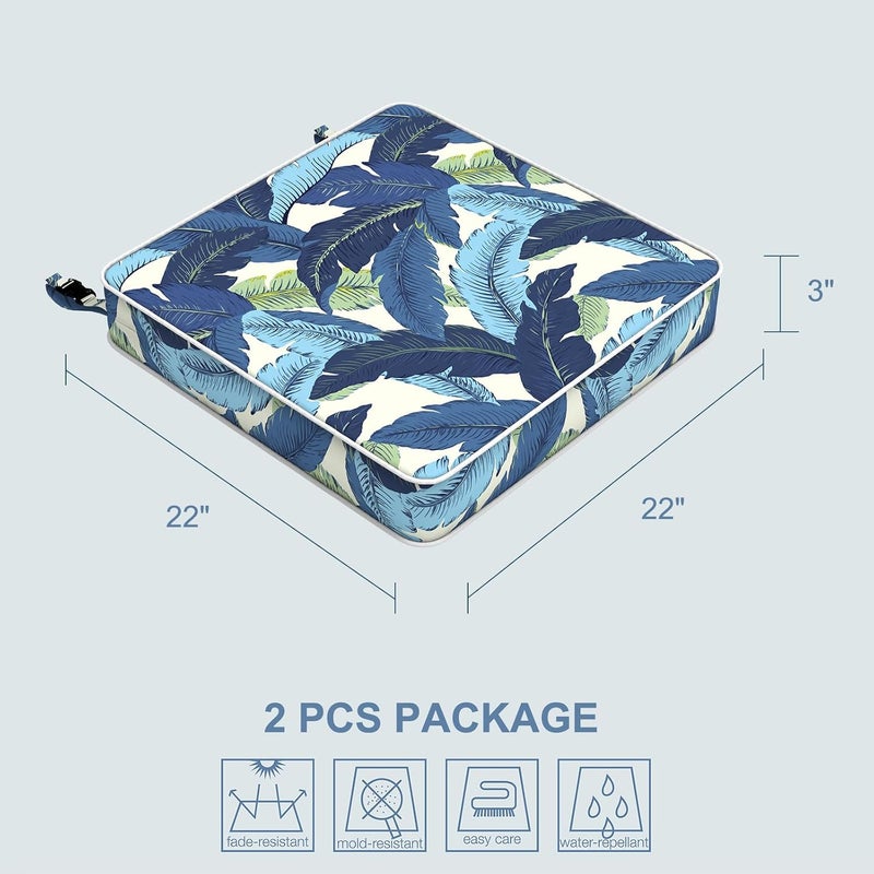 LVTXIII Patio Chair Cushions 22"x22"x3", Water-Repellent Outdoor Seat Cushions for Patio Furniture, Square Chair Pads with Ties for Home Garden Decoration, Set of 2, Swaying Palms Blue - Image 3