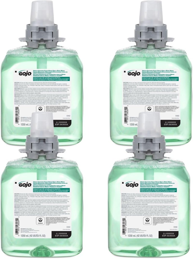 GOJO Green Certified Foam Hand Hair  Body Wash Cucumber Melon Scent 1250 mL Refill FMX12 PushStyle Dispenser Pack of 4  516304