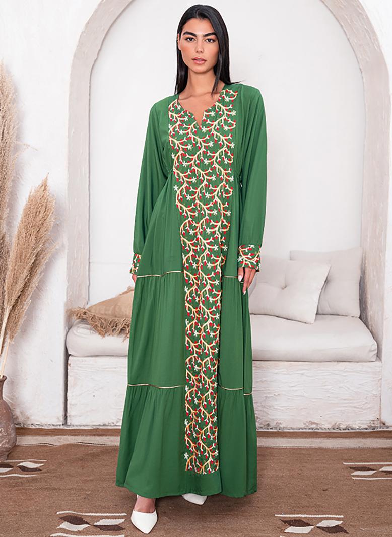 فرايديين كلاسيك طوق على شكل V زهري تطريز كم منتظم فساتين طويلة اخضر داكن - Image 1