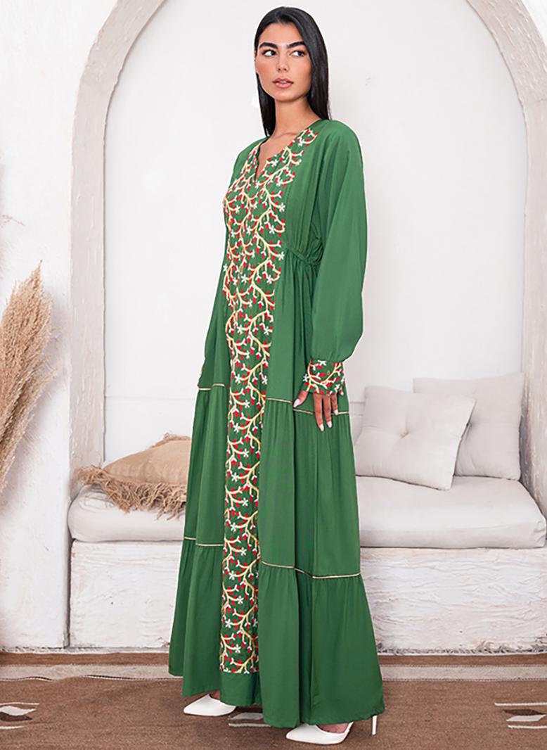 فرايديين كلاسيك طوق على شكل V زهري تطريز كم منتظم فساتين طويلة اخضر داكن - Image 3