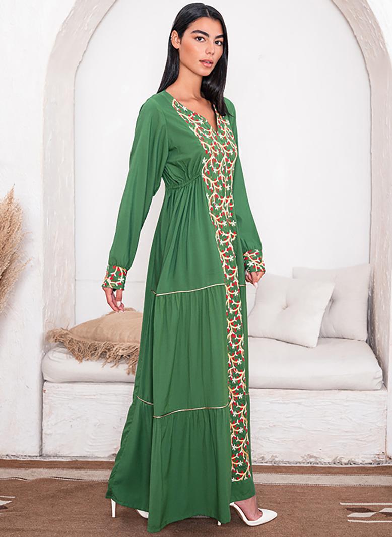 فرايديين كلاسيك طوق على شكل V زهري تطريز كم منتظم فساتين طويلة اخضر داكن - Image 4
