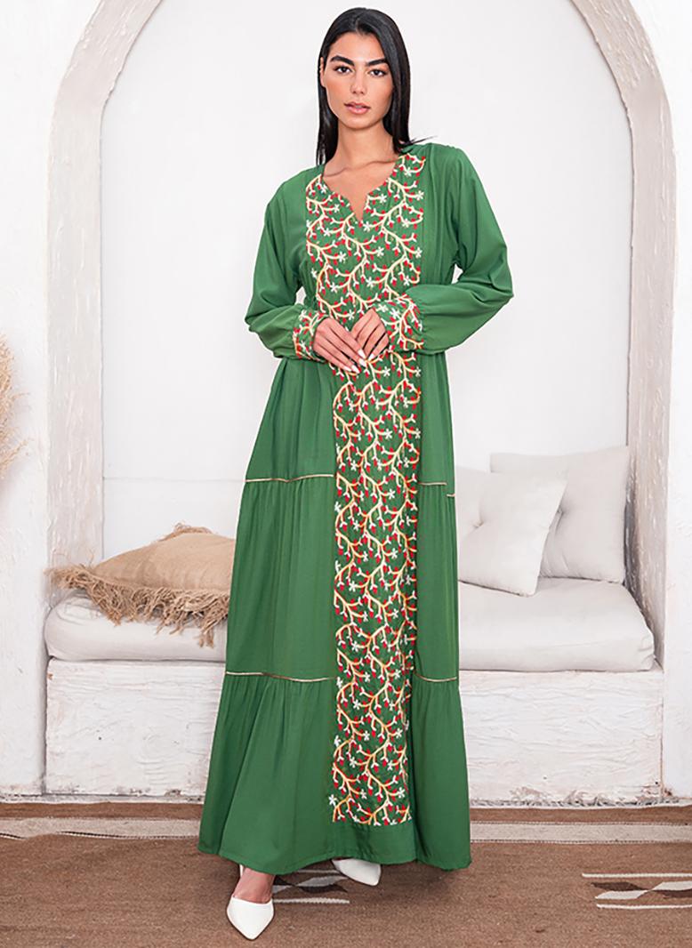 فرايديين كلاسيك طوق على شكل V زهري تطريز كم منتظم فساتين طويلة اخضر داكن - Image 5