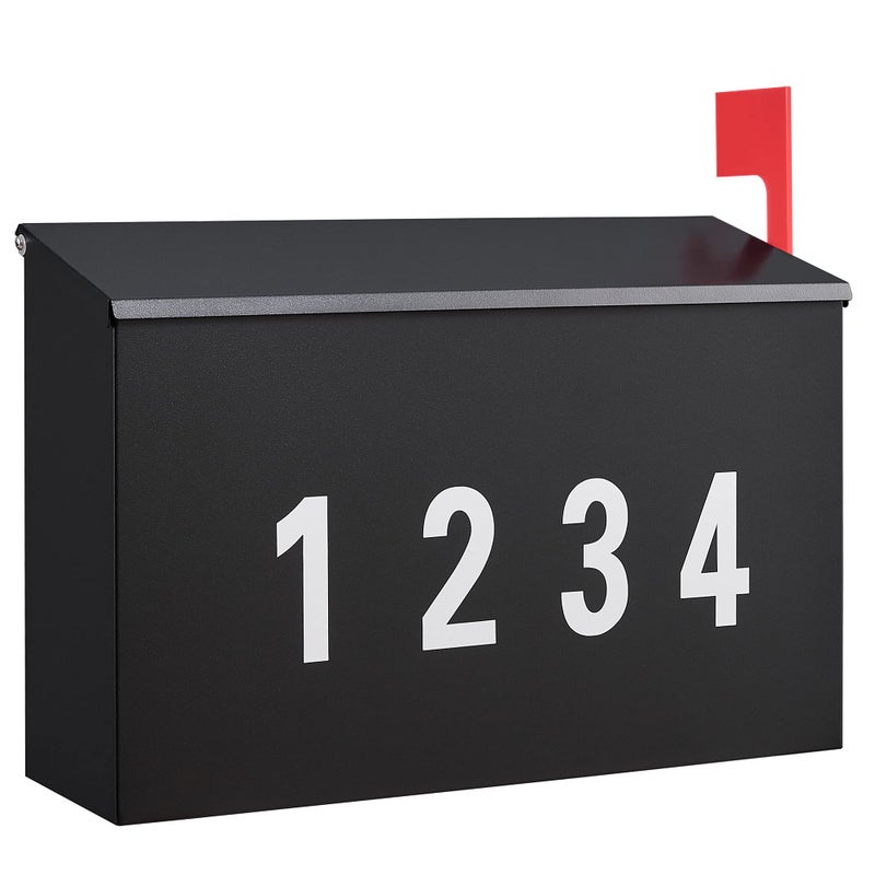 LANDÂ·VOI Wall-Mount Mailbox with One Flag Kit and Three Sets of 0-9 Mailbox Number Stickers, Mailboxes for Outside, Galvanized Steel Rust-Proof Metal Post Box, 4.33" Dx14.2 Wx10.43 H, Black - Image 1