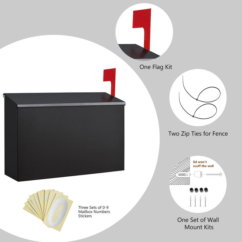 LANDÂ·VOI Wall-Mount Mailbox with One Flag Kit and Three Sets of 0-9 Mailbox Number Stickers, Mailboxes for Outside, Galvanized Steel Rust-Proof Metal Post Box, 4.33" Dx14.2 Wx10.43 H, Black - Image 3