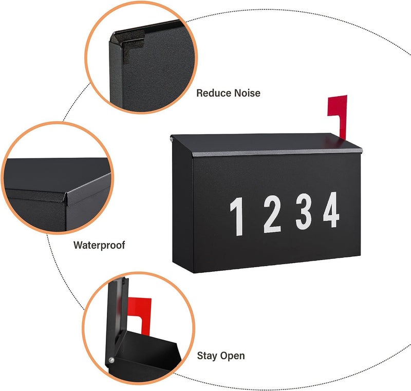 LANDÂ·VOI Wall-Mount Mailbox with One Flag Kit and Three Sets of 0-9 Mailbox Number Stickers, Mailboxes for Outside, Galvanized Steel Rust-Proof Metal Post Box, 4.33" Dx14.2 Wx10.43 H, Black - Image 4