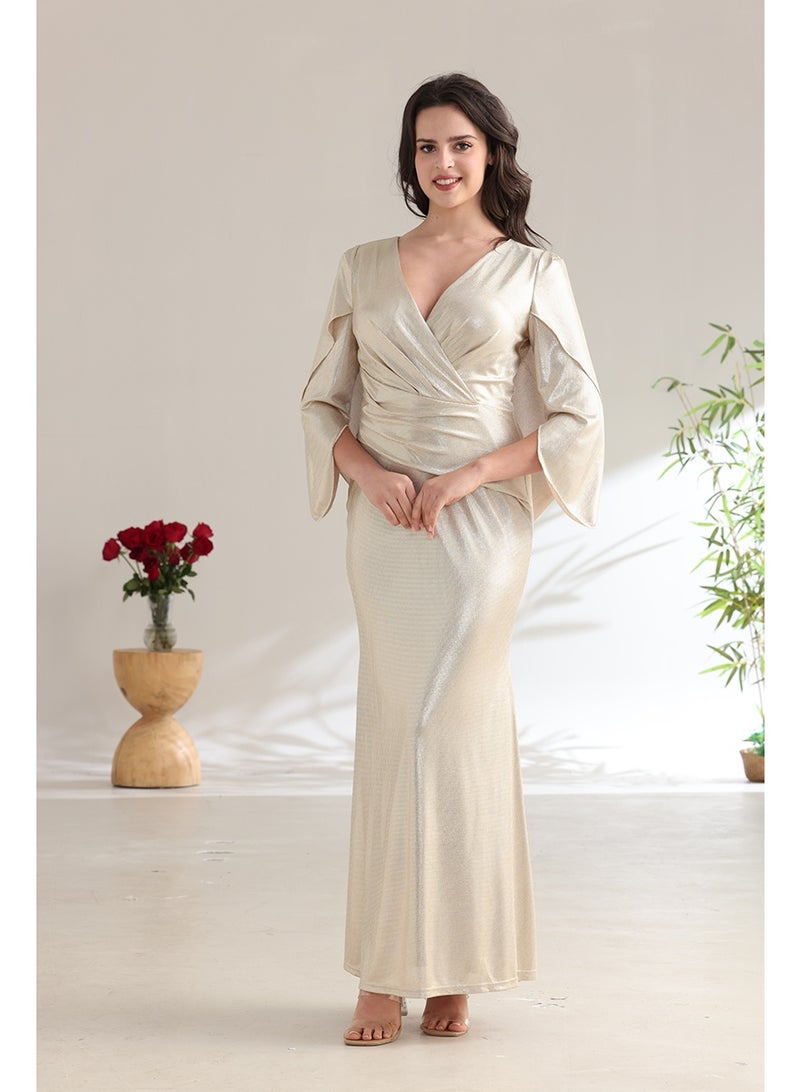 A long champagne-colored evening dress with a wrap silhouette and elegant wide sleeves. - Image 2