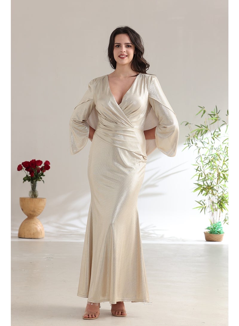 A long champagne-colored evening dress with a wrap silhouette and elegant wide sleeves. - Image 4