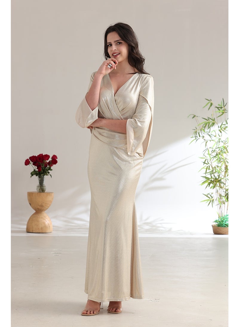 A long champagne-colored evening dress with a wrap silhouette and elegant wide sleeves. - Image 5