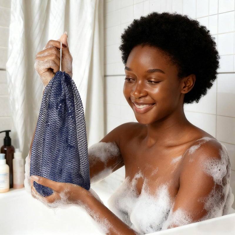 Bathway African Net Sponge Authentic with Handles (Set of 2), African Exfoliating Net Sponge, Exfoliating Body Scrubber Bath Sponge - Bathing Accessories with Storage Bag (Blue & Black) - Image 5