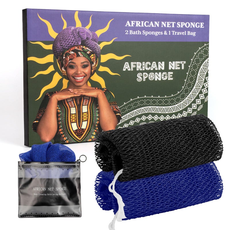 Bathway African Net Sponge Authentic with Handles (Set of 2), African Exfoliating Net Sponge, Exfoliating Body Scrubber Bath Sponge - Bathing Accessories with Storage Bag (Blue & Black) - Image 1