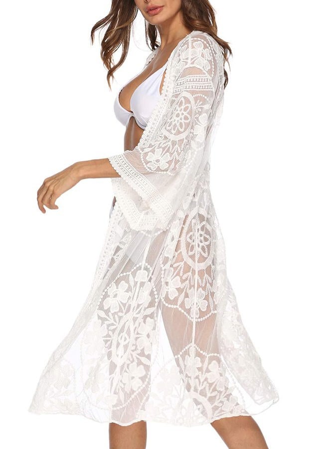 Kistore Womens 3/4 Sleeve Floral Crocheted Chiffon Mesh Cover Up White Lace Kimono Cardigan Duster - Image 1