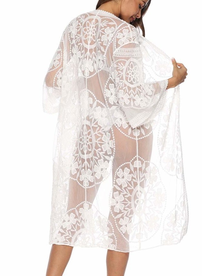 Kistore Womens 3/4 Sleeve Floral Crocheted Chiffon Mesh Cover Up White Lace Kimono Cardigan Duster - Image 2