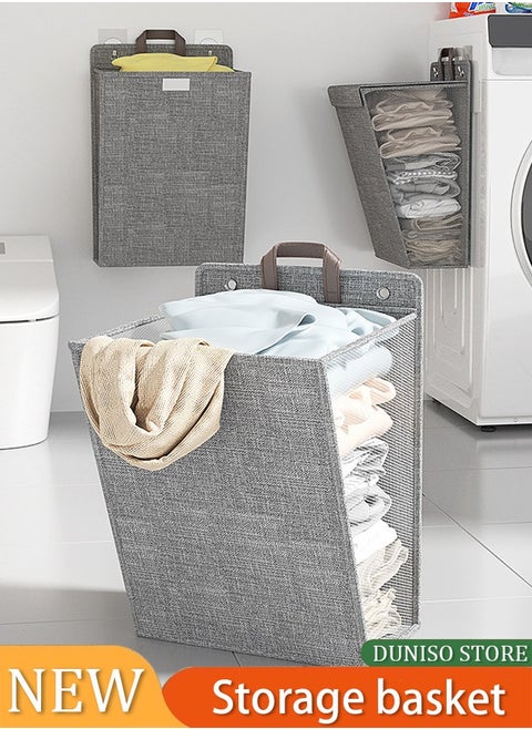 Laundry Hamper Basket Fabric Collapsible Laundry Basket with Lid, Wall-mounted Folding Dirty Clothes Hampers Laundry Basket Organizer (Grey)