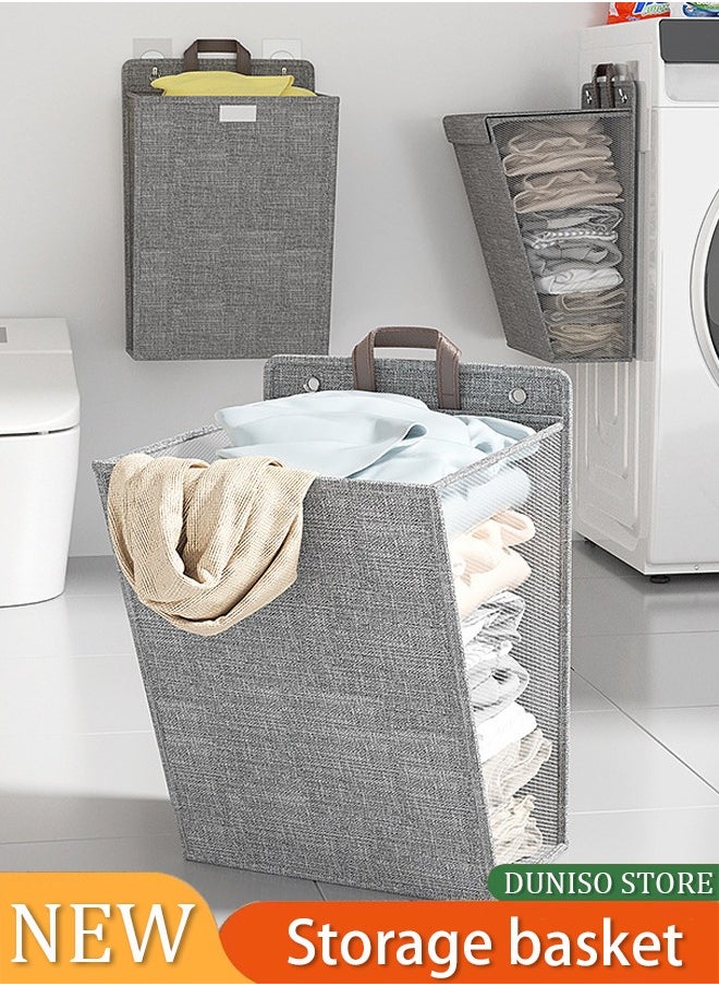 DUNISO Laundry Hamper Basket Fabric Collapsible Laundry Basket with Lid, Wall-mounted Folding Dirty Clothes Hampers Laundry Basket Organizer (Grey)  - Image 1