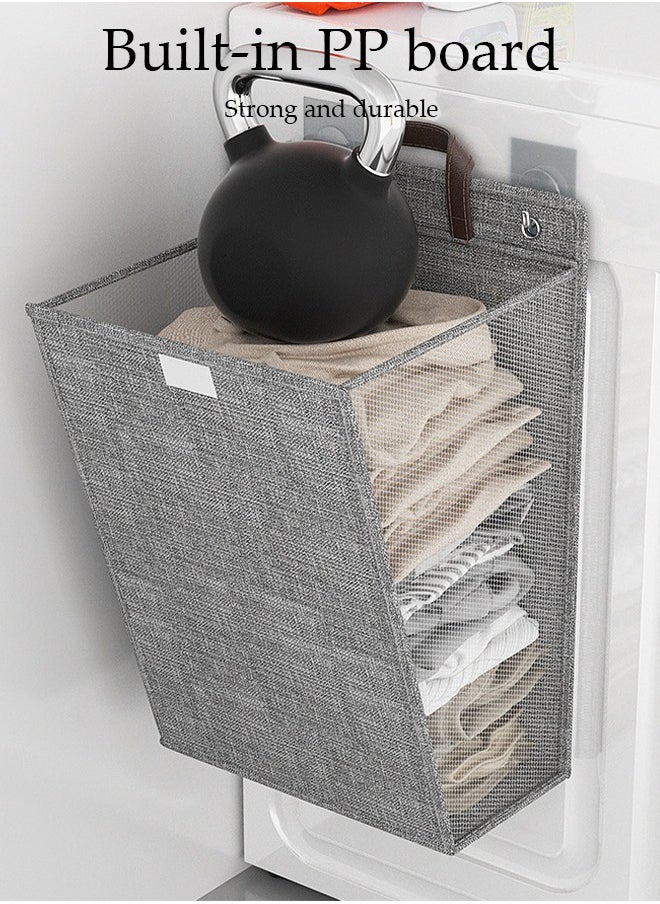 DUNISO - Laundry Hamper Basket Fabric Collapsible Laundry Basket with Lid, Wall-mounted Folding Dirty Clothes Hampers Laundry Basket Organizer (Grey) - Image 1