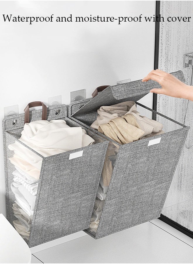 DUNISO - Laundry Hamper Basket Fabric Collapsible Laundry Basket with Lid, Wall-mounted Folding Dirty Clothes Hampers Laundry Basket Organizer (Grey) - Image 1