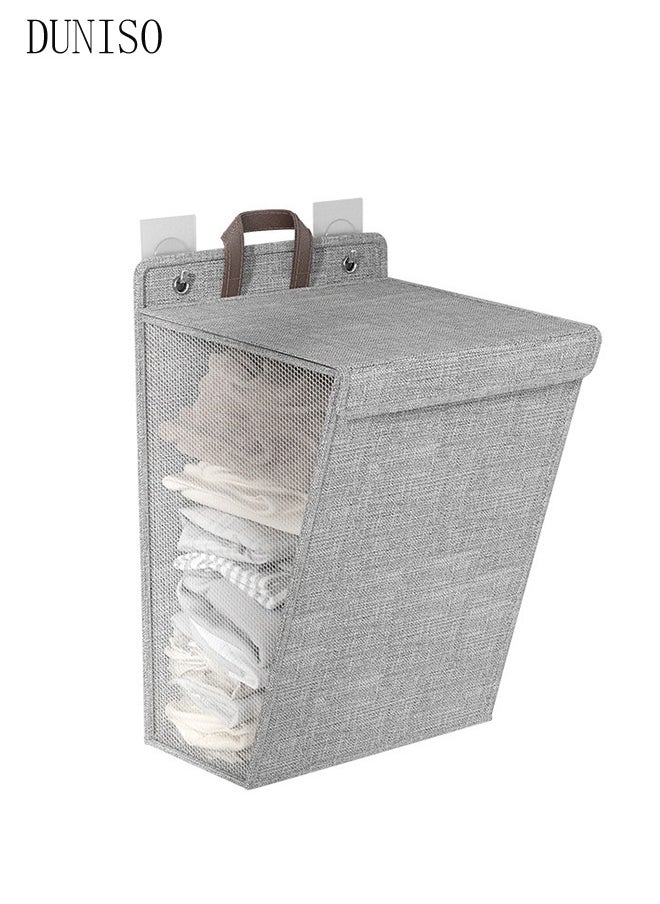 DUNISO Laundry Hamper Basket Fabric Collapsible Laundry Basket with Lid, Wall-mounted Folding Dirty Clothes Hampers Laundry Basket Organizer (Grey)  - Image 3