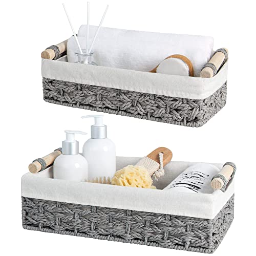 StorageWorks StorageWorks Storage Basket for Organizing Small Wicker Baskets with Natural Fiber Liner Toilet Paper Storage Basket for Countertop Toilet Tank Top Grey Set of 2 