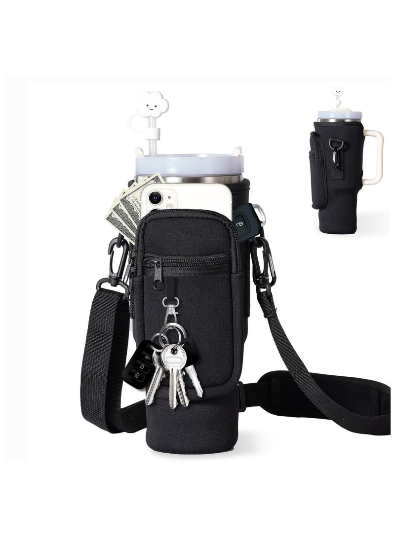 Water Bottle Carrier Bag with Phone Pocket For Stanley 40oz Tumbler,Water Bottle Holder with Pouch and Adjustable Strap 