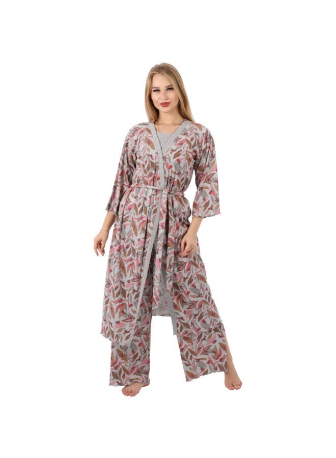 زيكوتكس  روب نسائي طويل بجيوب وحزام خصر - قطن ريب مضلع ناعم بنقشة أوراق الشجر - رمادي مزهر. - Image 4